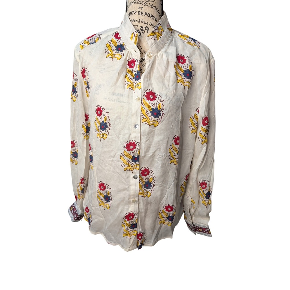 Elie Elie Tahari Womens M Floral Block Print Tencel Button Down Blouse White NEW